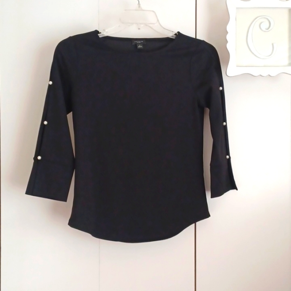 Ann Taylor, black, pullover with peekaboo sleeves and pearl buttons. SZ. XS